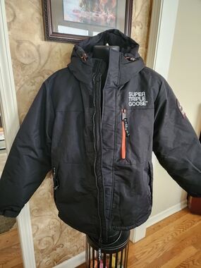 Super Triple Goose Black Winter Parka Jacket Hooded Insulated Coat Size L Warm